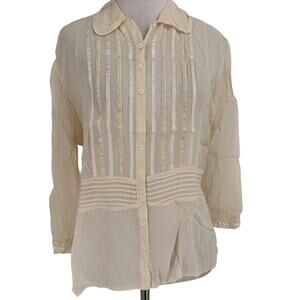 Anthro Tapemeasure Cream Sheer Silk Button Up Blouse Size 10